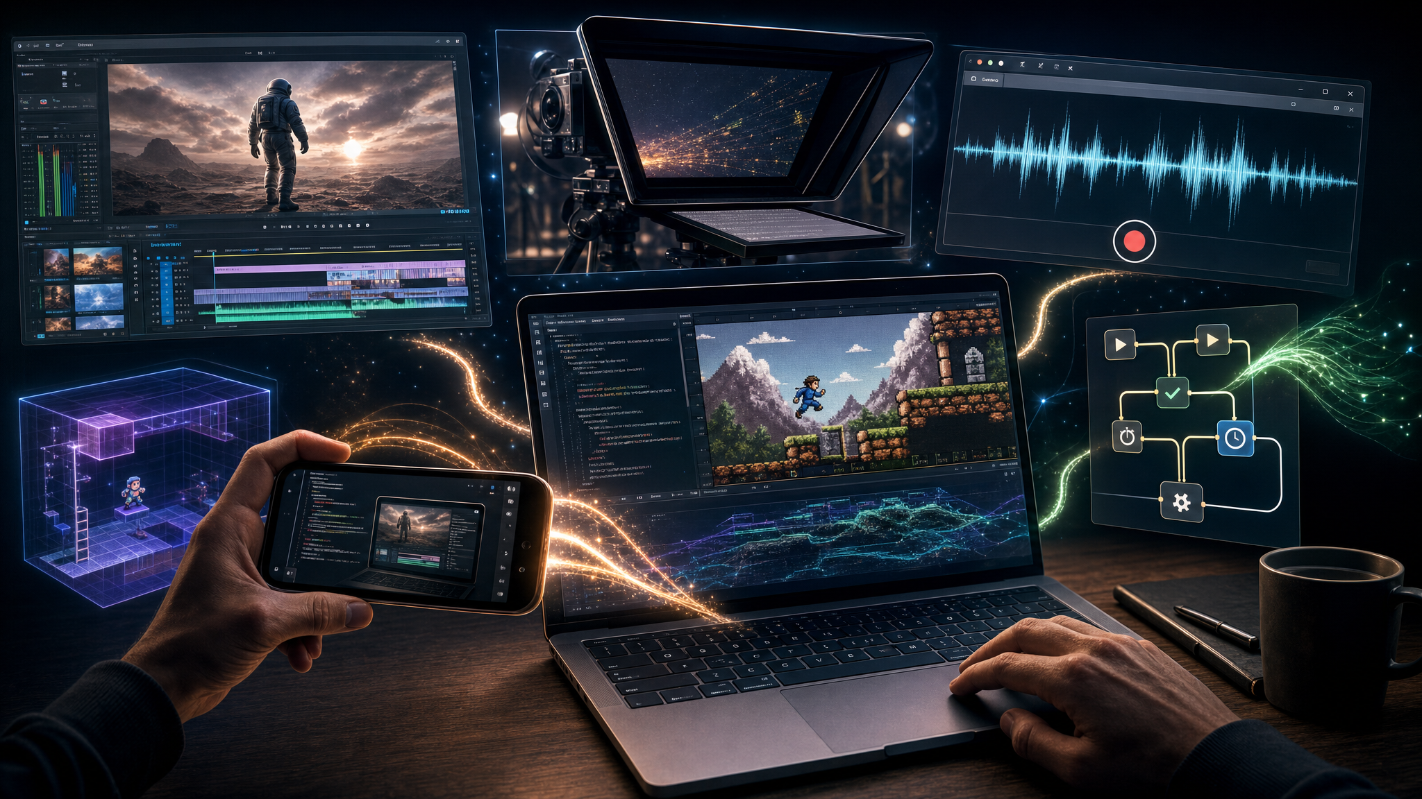Collage of Codex workflows including a code port, browser recording, teleprompter, and automation signals