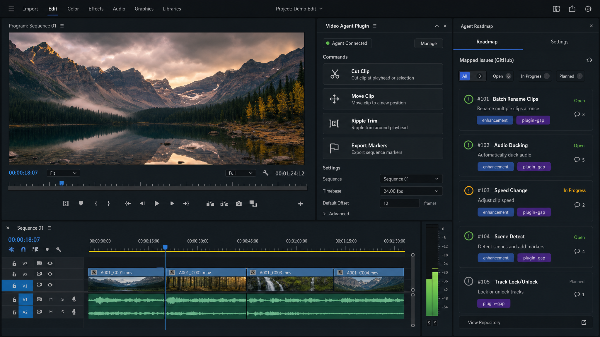 Premiere Pro plugin UI screenshot with timeline controls mapped to a GitHub roadmap