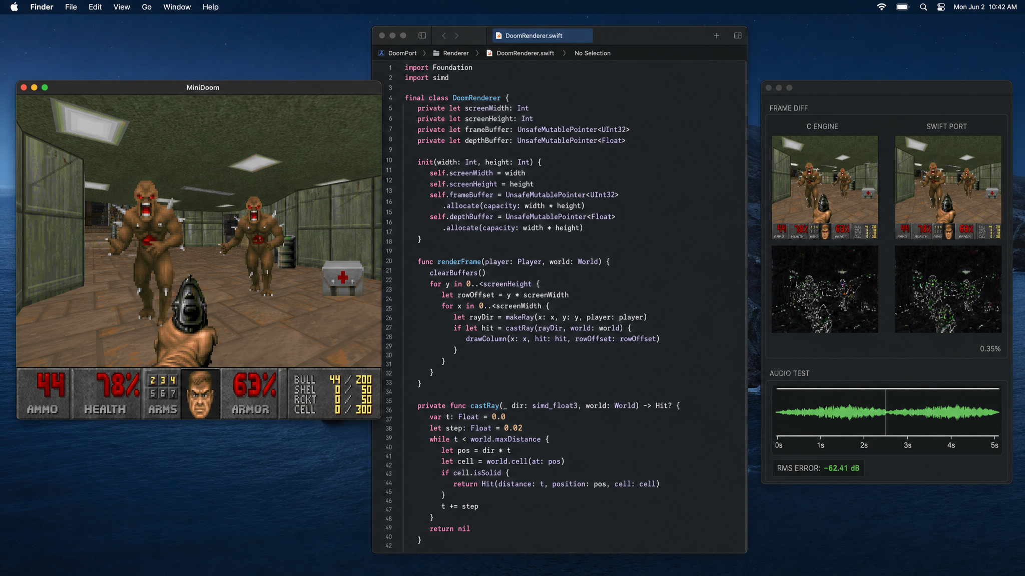 Mac desktop showing a Doom-style game port running beside Swift code and frame comparison tools