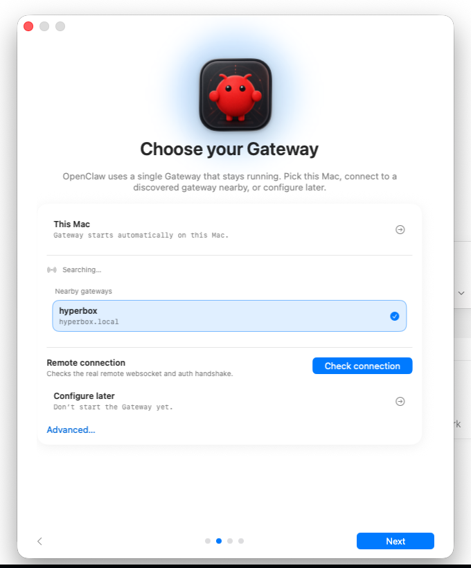 OpenClaw Mac app selecting a discovered hyperbox.local Gateway during setup