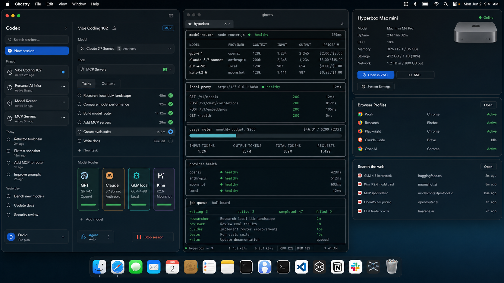 Clean Mac-style dashboard for personal AI infrastructure with model router, agent sessions, token budget, and Mac mini status